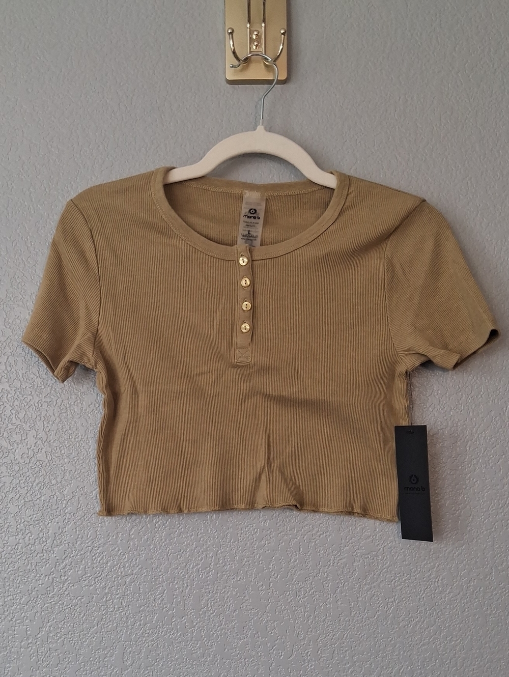Mona B Ribbed Henley Crop Top in Light Beige